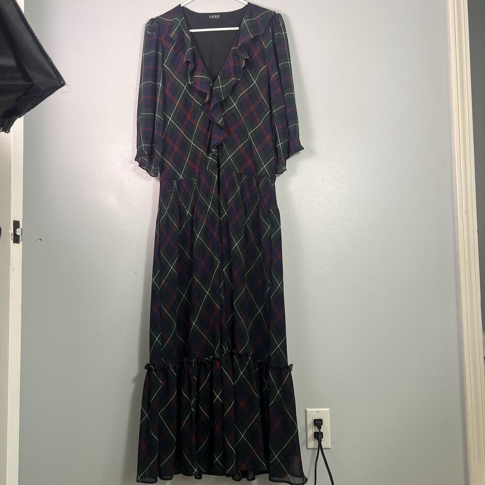 LRL Green Red Plaid Ruffle Midi Georgette Dress Sz XL Holiday Summer Vacation - Picture 2 of 12